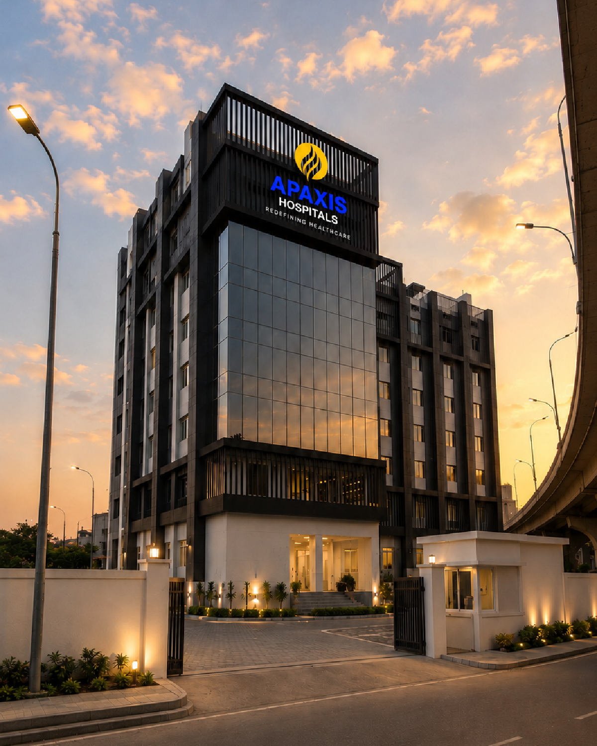 Full exterior view of Apaxis Hospitals in Kolathur, Chennai