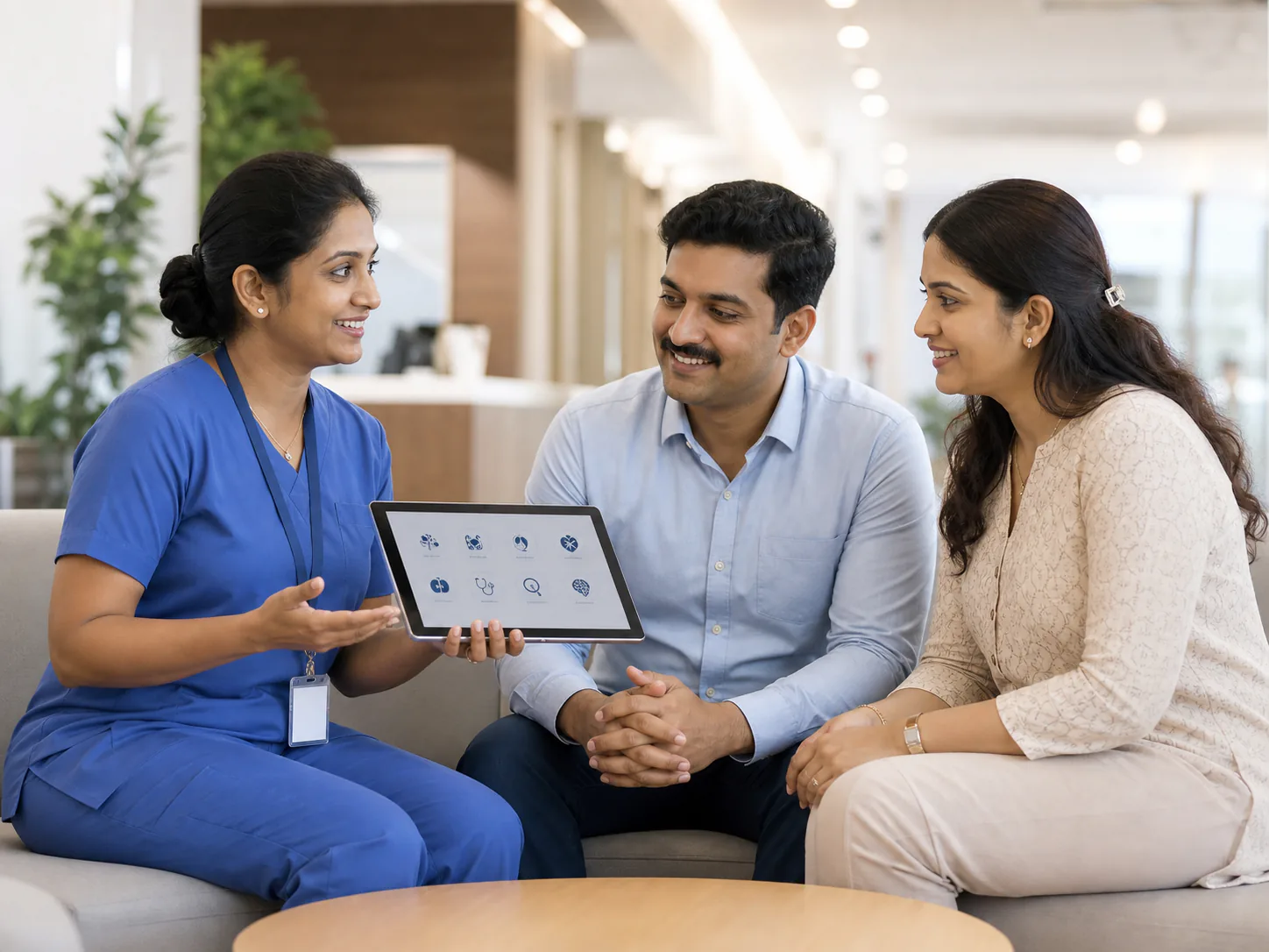 Indian hospital care coordinator helping a family find the right specialist